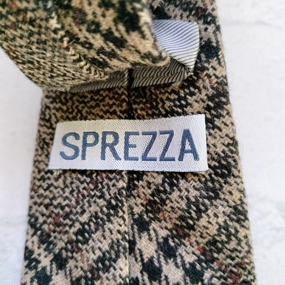 SPREZZA Mens Designer Wool Blend Skinny Tie Necktie Plaid Black Tan Retro - Picture 4 of 8
